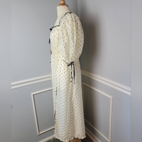 FOR LOVE & LEMONS NeW Eden Midi Ivory Black Heart Smocked Coquette Peasant Dress - Picture 3 of 9